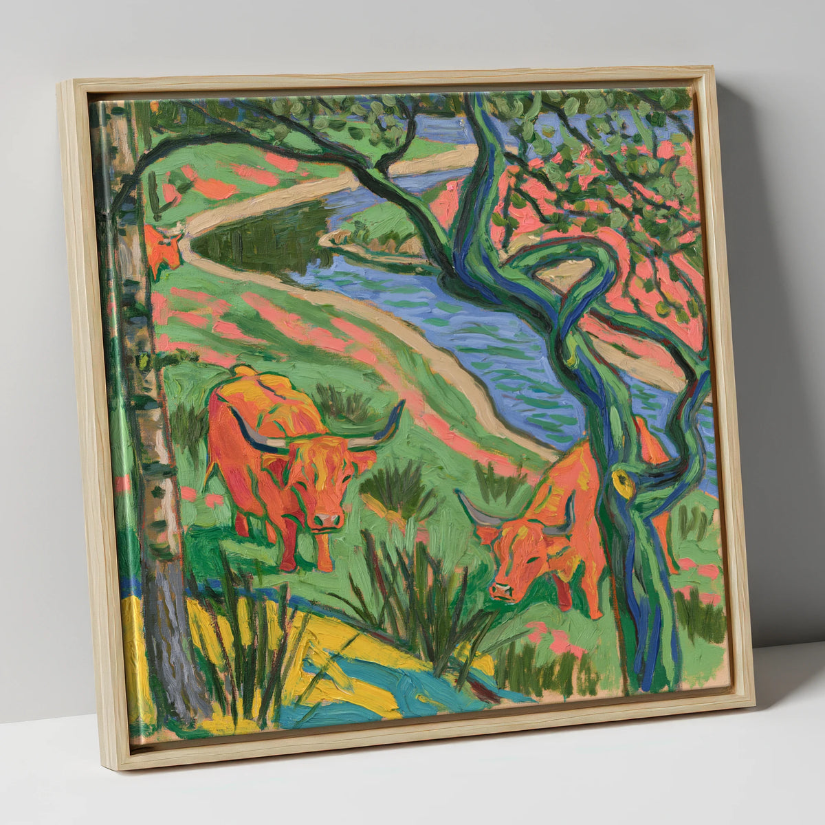 Vibrant Highland Cattle by the Beck lake district wildlife canvas wall art in natural frame