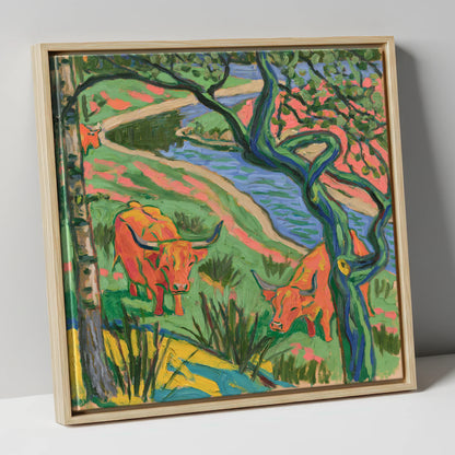 Vibrant Highland Cattle by the Beck lake district wildlife canvas wall art in natural frame