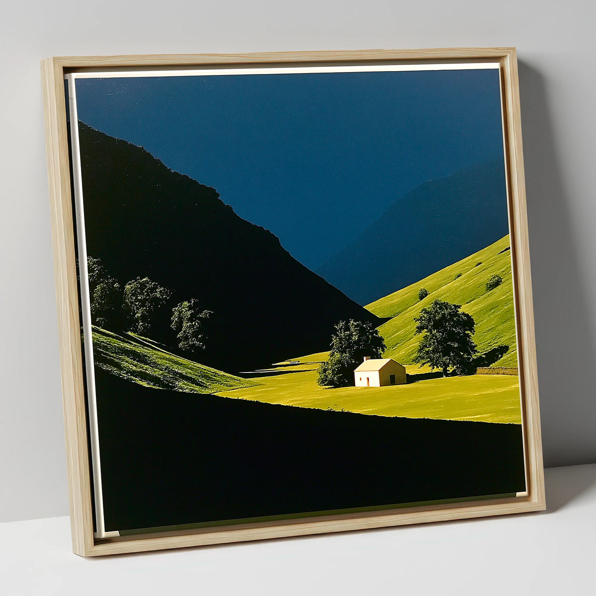 Sunlit Farmhouse in a Green Valley lake district valley canvas wall art in natural frame