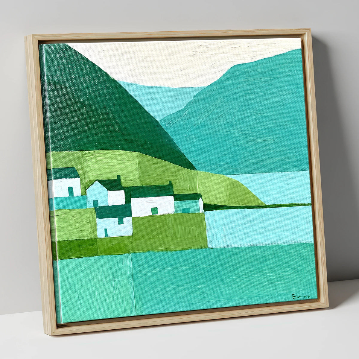 Modern Teal Lakeside Village lake district village canvas wall art in natural frame