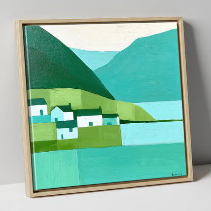 Modern Teal Lakeside Village lake district village canvas wall art in natural frame
