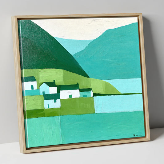 Modern Teal Lakeside Village lake district village canvas wall art in natural frame