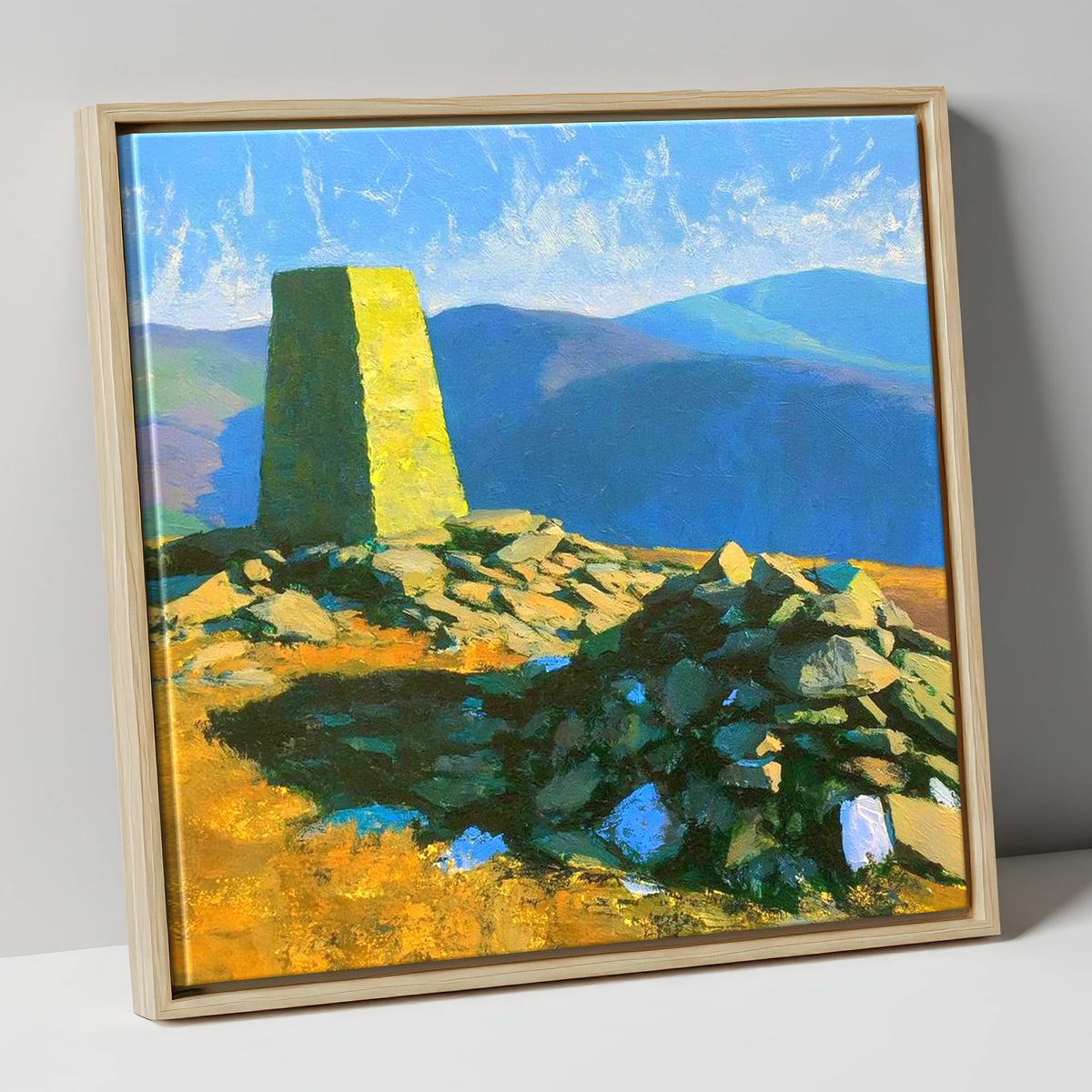 Sunlit Binsey Summit Trig Pillar lake district fell canvas wall art in natural frame