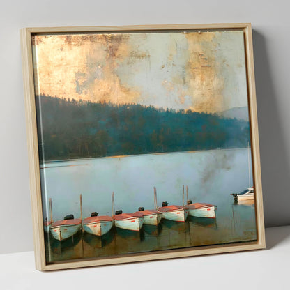 Windermere Boats Under Gold Skies lake district lake canvas wall art in natural frame