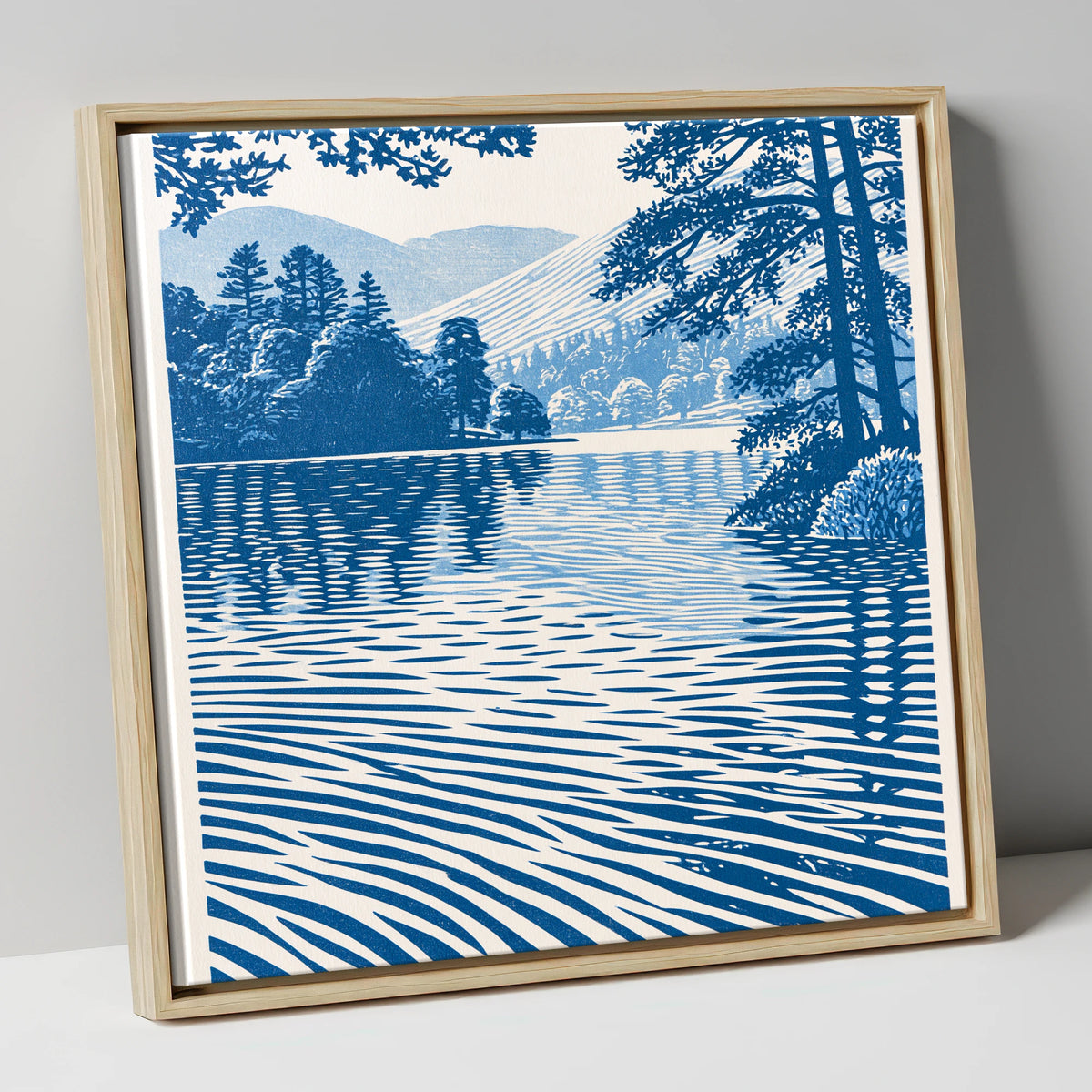 Rippled Blue Lake at Dawn lake district lake canvas wall art in natural frame