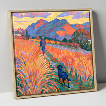 Vibrant Keswick Fells Dog Walk gifts for dog walkers canvas wall art in natural frame