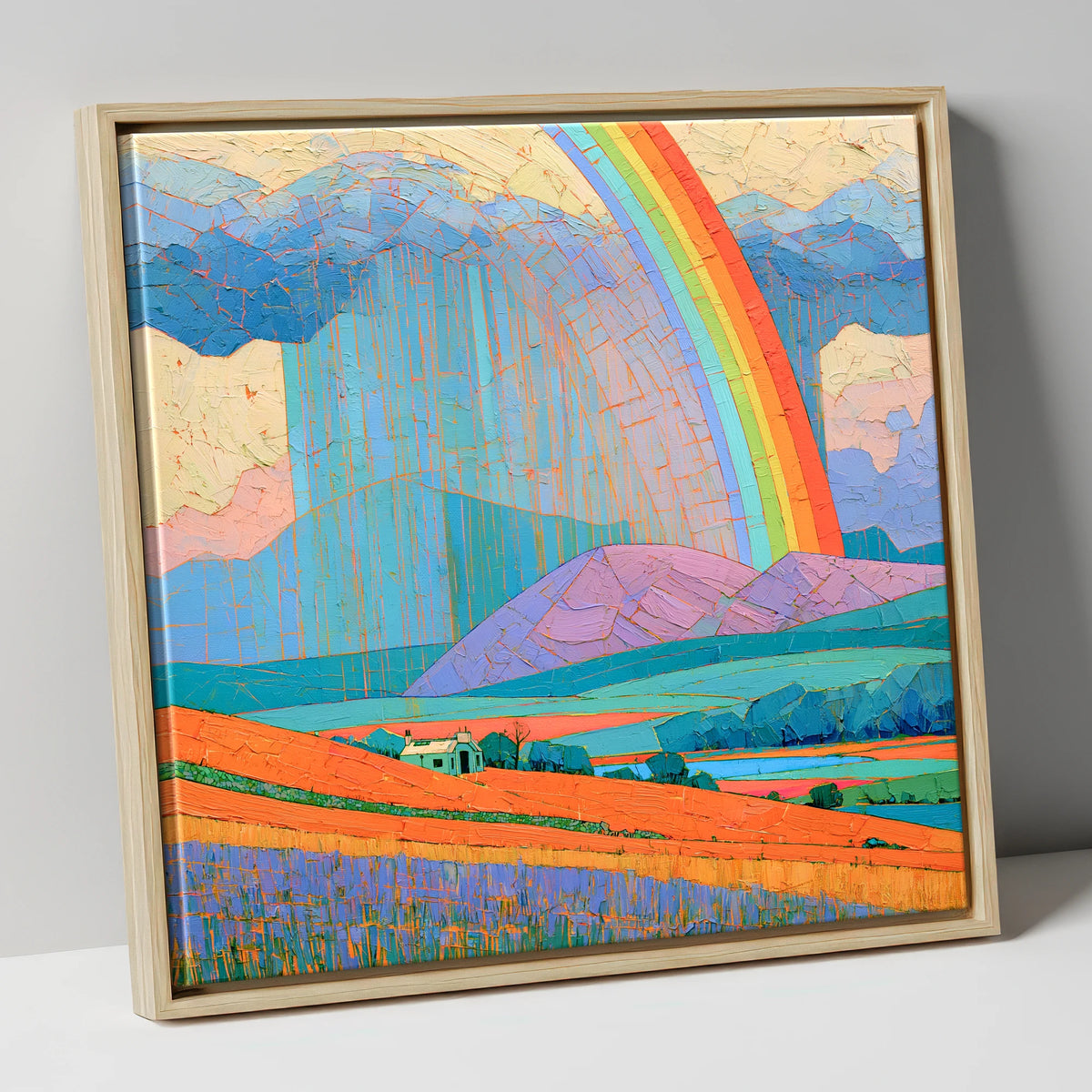 Lakeland Cottage Beneath Vivid Rainbow lake district sky canvas wall art in natural frame