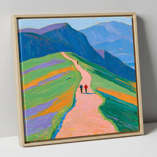 Walkers on a Vibrant Mountain Path lake district walking canvas wall art in natural frame