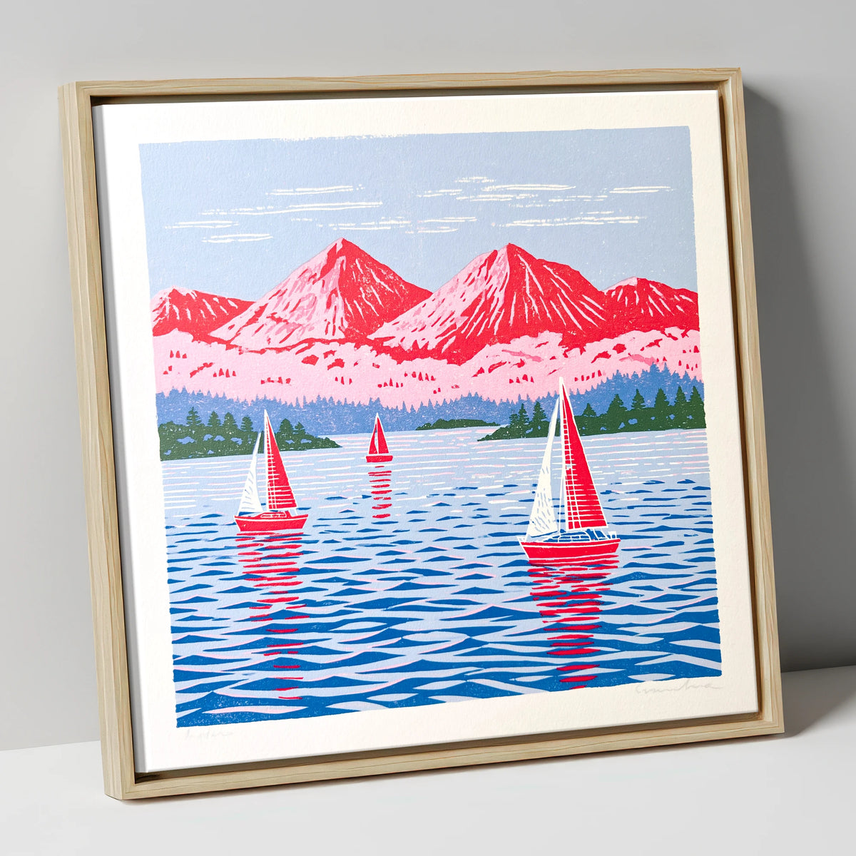 Windermere Sailboats Beneath Pink Fells lake district lake canvas wall art in natural frame
