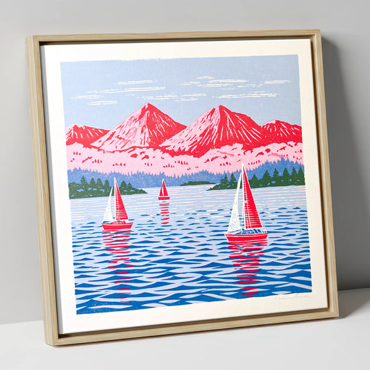 Windermere Sailboats Beneath Pink Fells lake district lake canvas wall art in natural frame