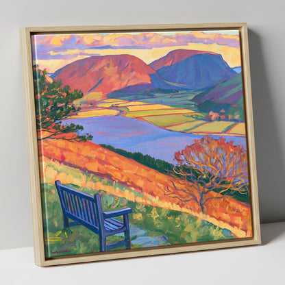 Vibrant Bench View Over Loweswater lake district lake canvas wall art in natural frame