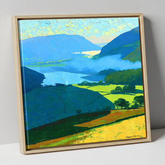 Misty Valley and Sunlit Lakeland Fields lake district sky canvas wall art in natural frame