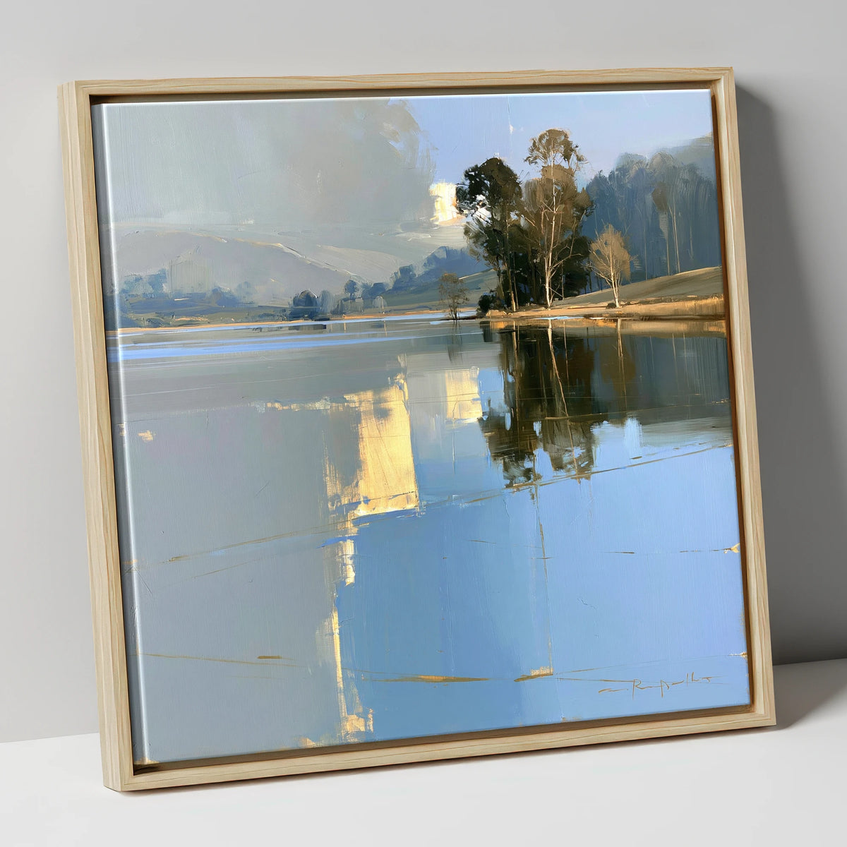 Calm Lake with Golden Reflections lake district lake canvas wall art in natural frame