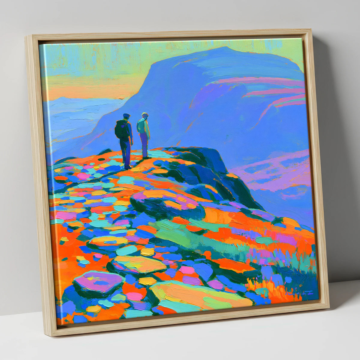 Colourful Fell Top Hikers lake district fell canvas wall art in natural frame