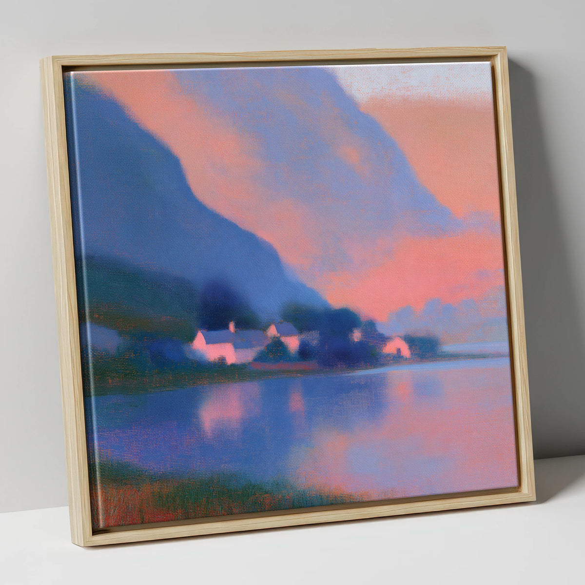 Lakeside Hamlet Beneath Indigo Fells lake district village canvas wall art in natural frame
