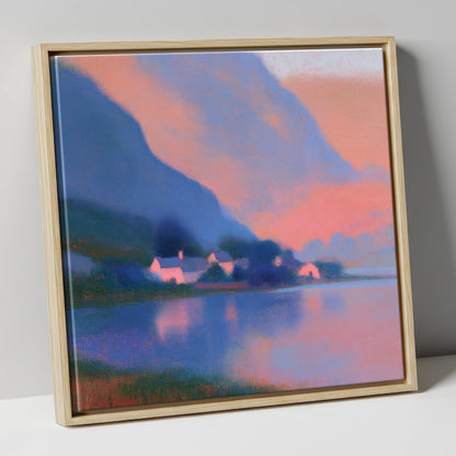 Lakeside Hamlet Beneath Indigo Fells lake district village canvas wall art in natural frame