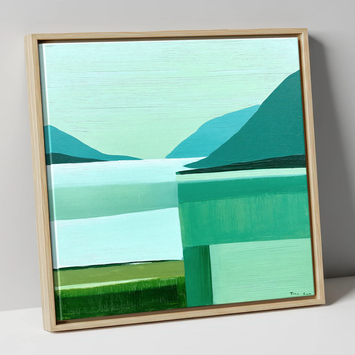 Teal Abstract Ennerdale Water lake district valley canvas wall art in natural frame