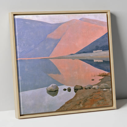 Still Lake beneath Dusk Pink Fells lake district lake canvas wall art in natural frame