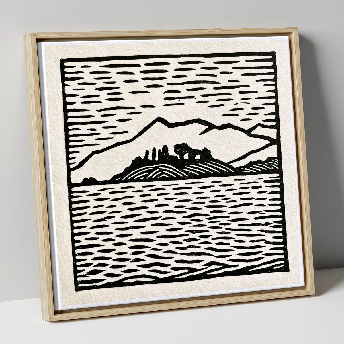 Bold Monochrome Derwentwater Island lake district lake canvas wall art in natural frame
