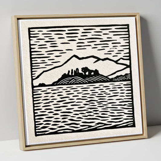 Bold Monochrome Derwentwater Island lake district lake canvas wall art in natural frame