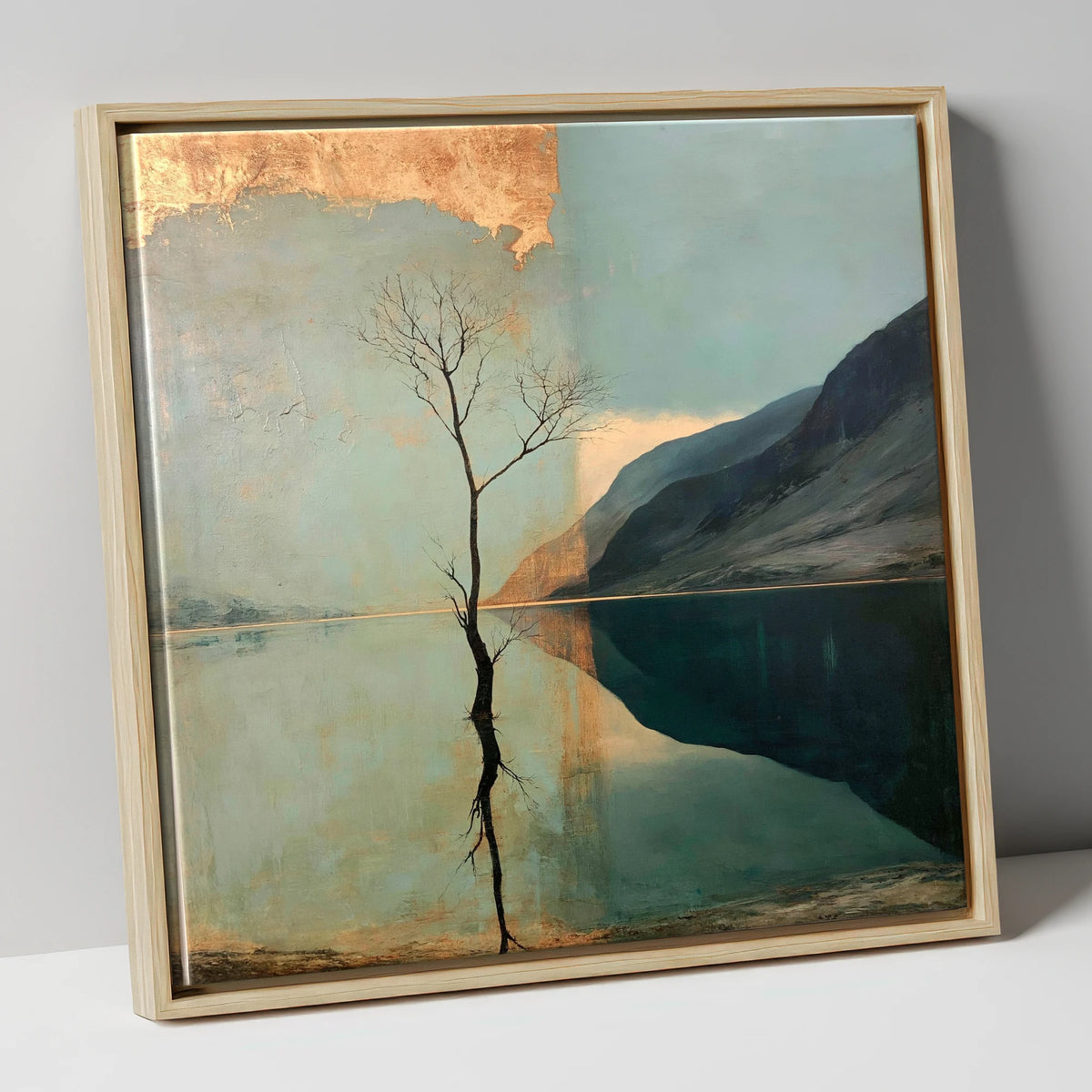 Buttermere Tree with Golden Sky lake district lake canvas wall art in natural frame