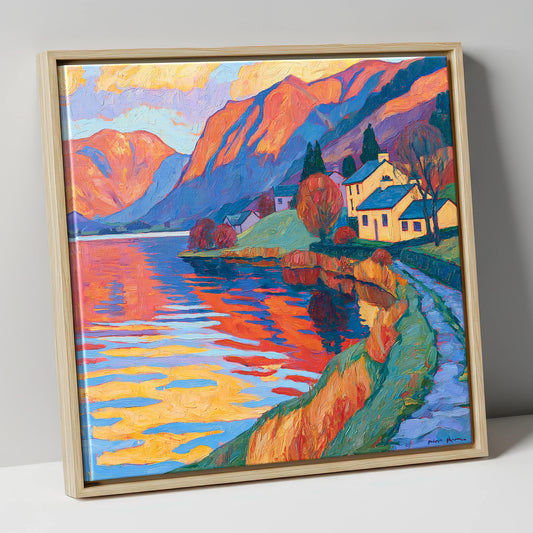 Golden Cottages on the Lakeshore lake district village canvas wall art in natural frame