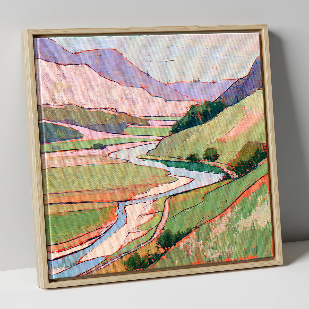 Pastel Fells and Winding River lake district waterfall canvas wall art in natural frame