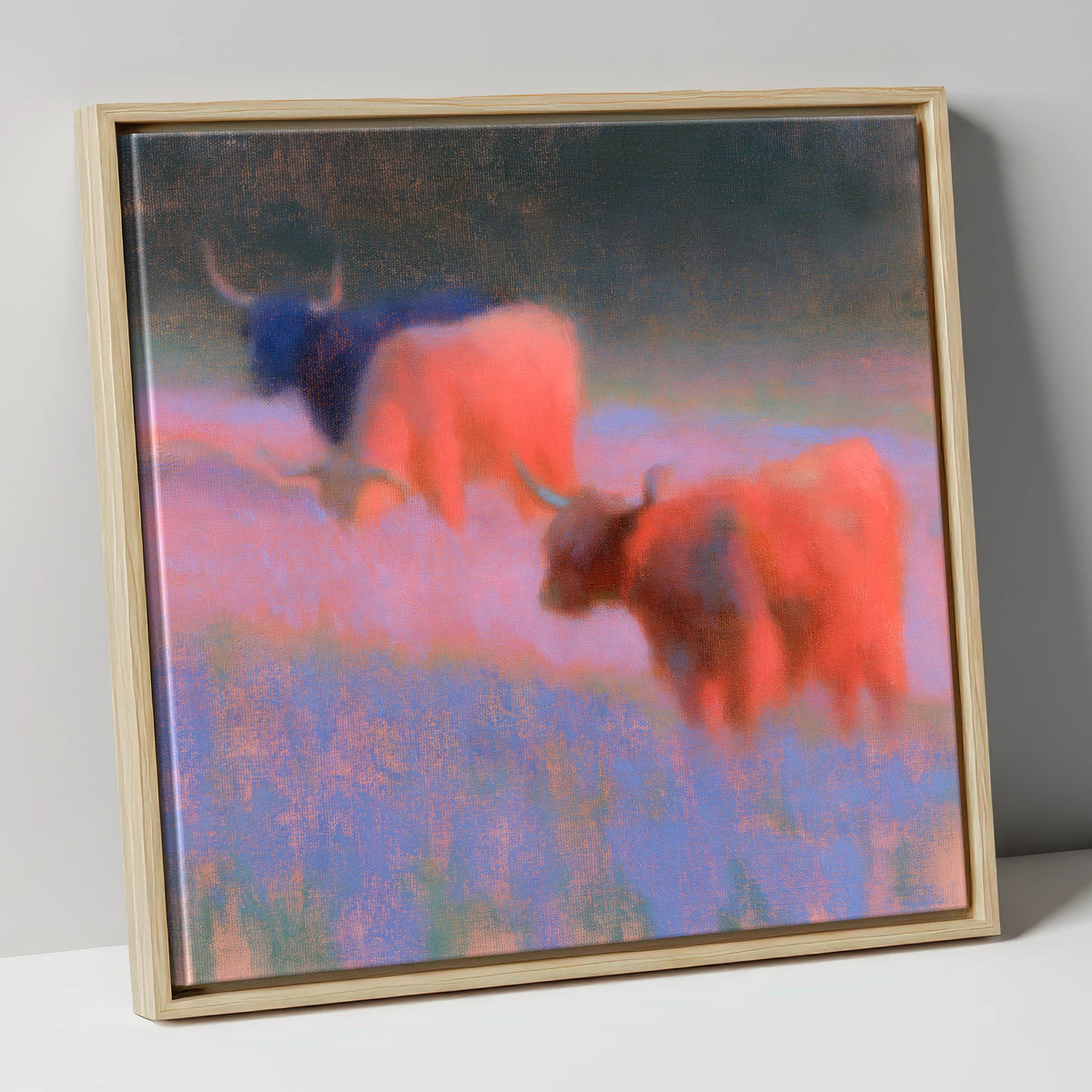 Luminous Highland Cattle Grazing lake district wildlife canvas wall art in natural frame