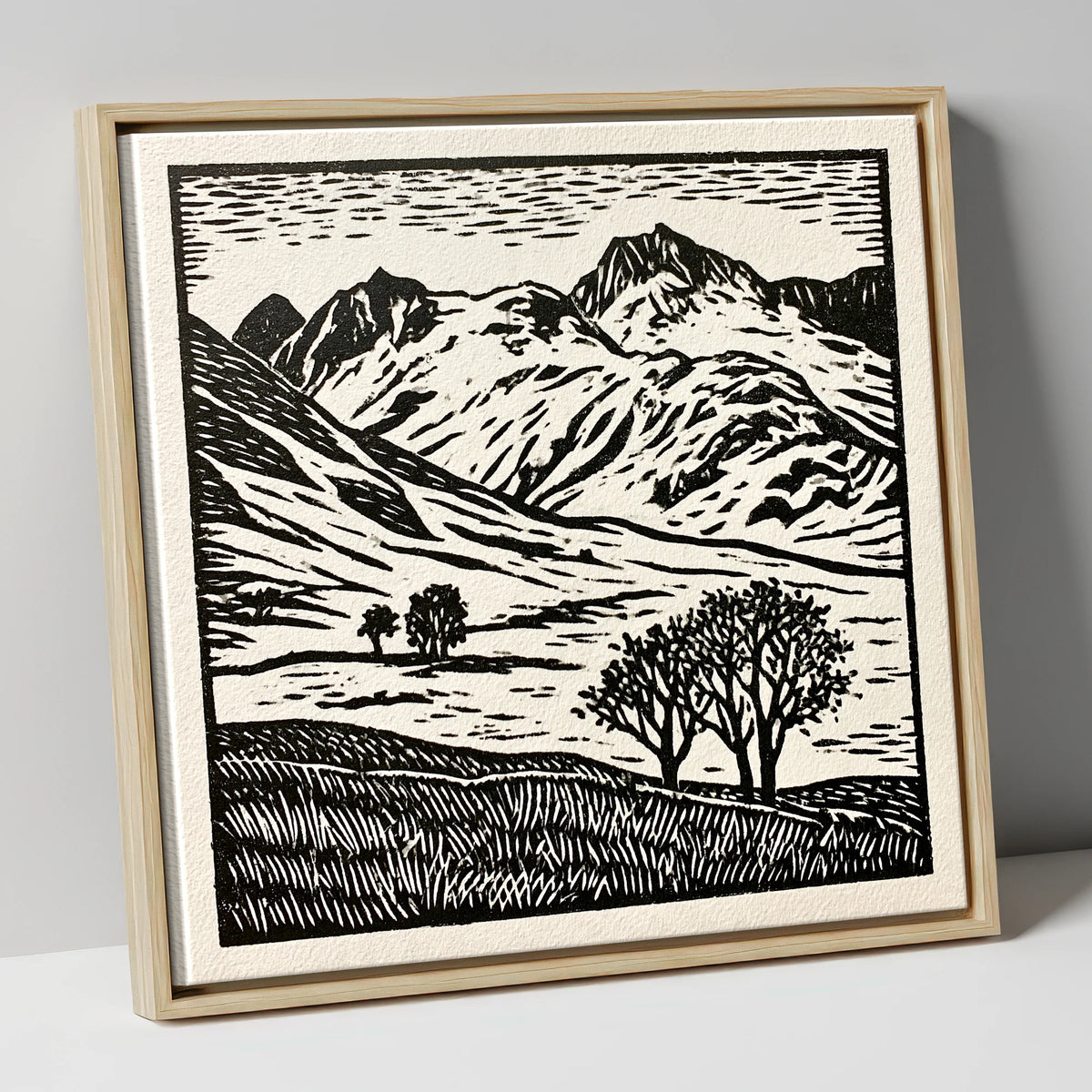 Monochrome Great Langdale Fells lake district valley canvas wall art in natural frame