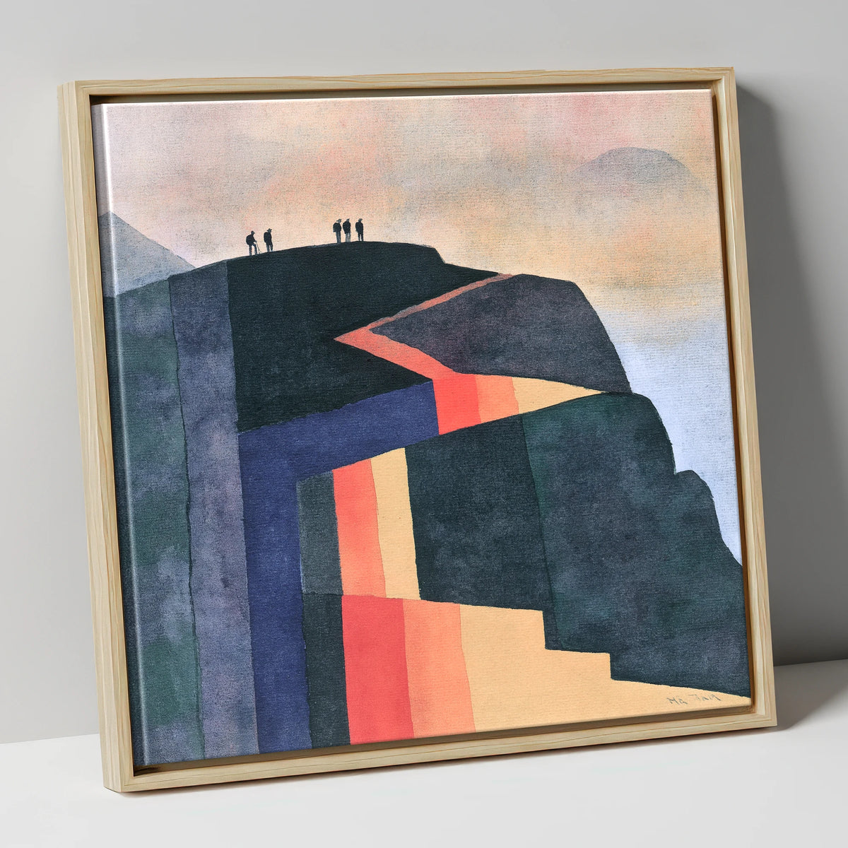 Hikers on Bold Geometric Fells lake district fell canvas wall art in natural frame