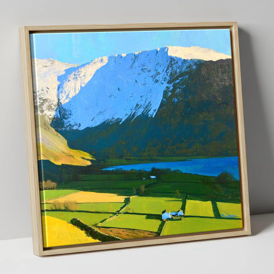 Sunlit Fields Below High Hartsop Dodd lake district fell canvas wall art in natural frame