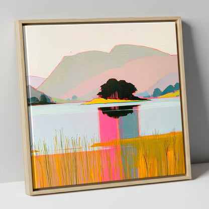 Vibrant Grasmere Island Reflections lake district lake canvas wall art in natural frame