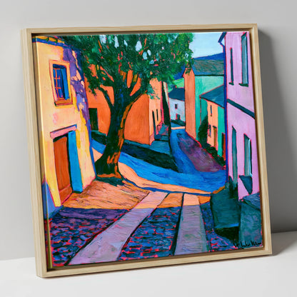 Cobbled Village Street in Vivid Colour lake district village canvas wall art in natural frame