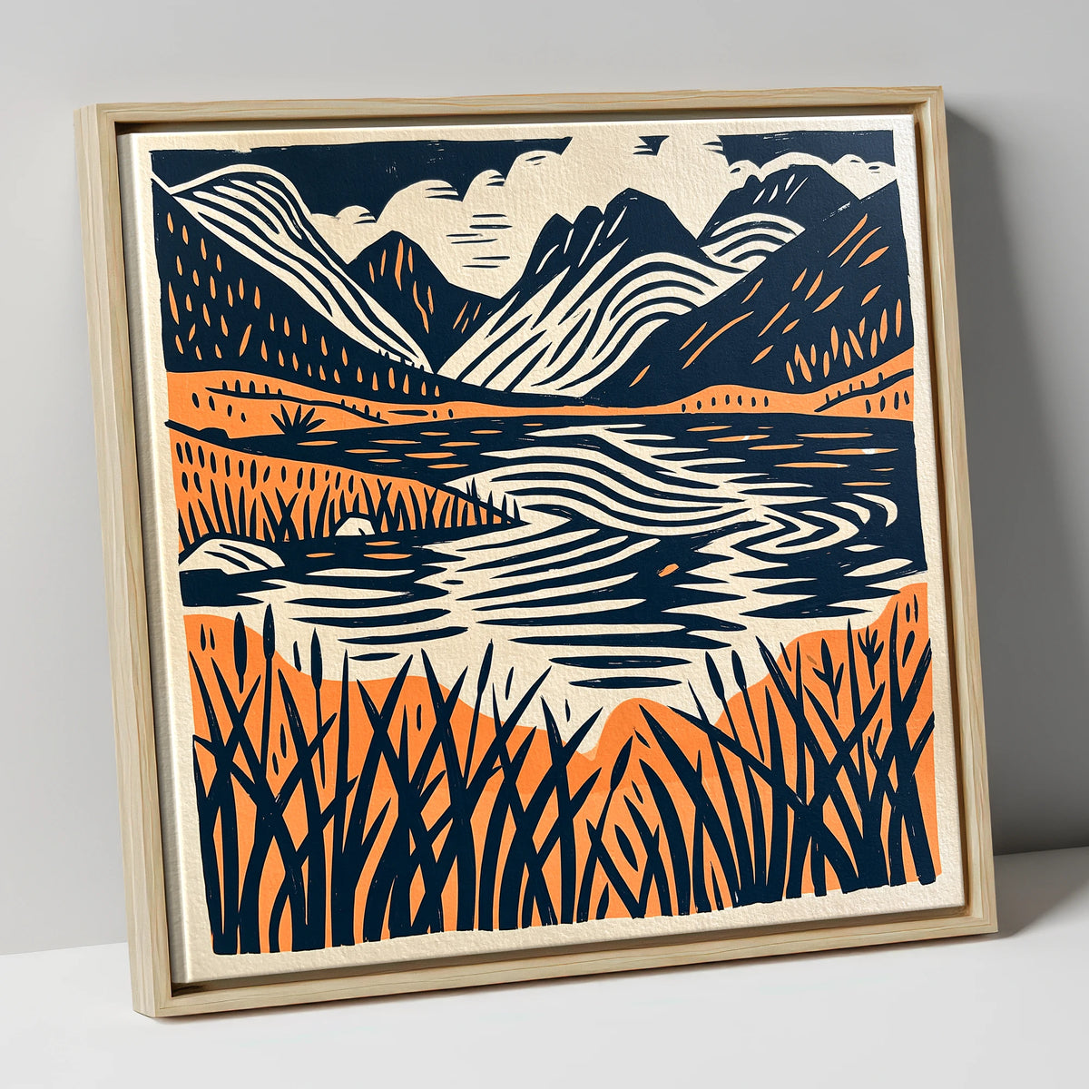 Terracotta Fells and Lake Reflections lake district lake canvas wall art in natural frame