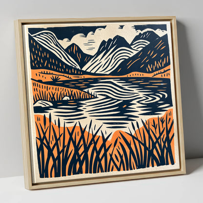 Terracotta Fells and Lake Reflections lake district lake canvas wall art in natural frame