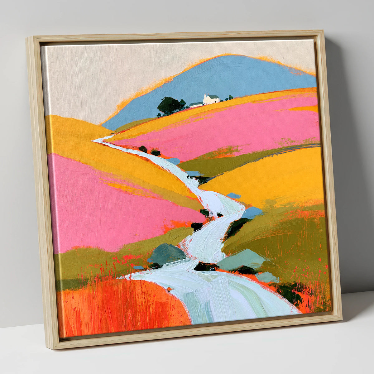 Colourful Fellside Beck and Cottage lake district waterfall canvas wall art in natural frame