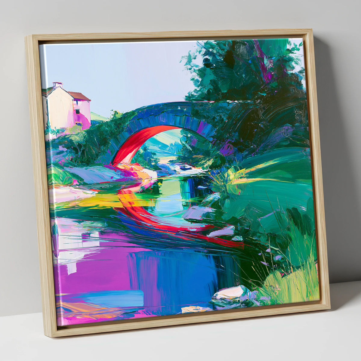 Vivid Stone Bridge Over Beck lake district waterfall canvas wall art in natural frame