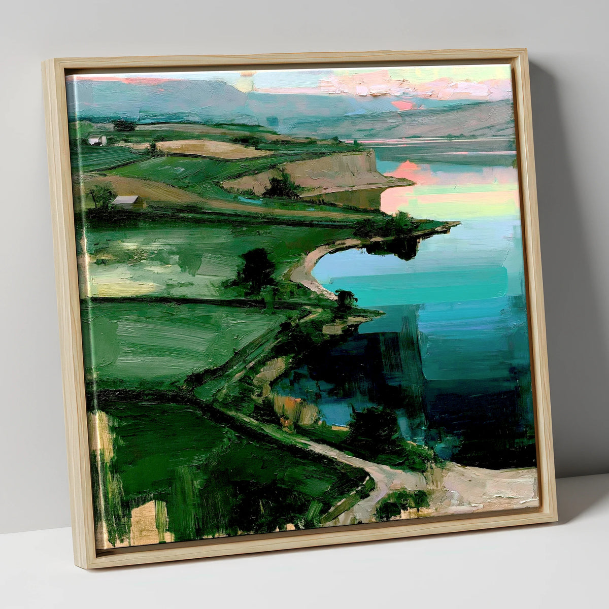 Pink Sky Over Turquoise Lake lake district lake canvas wall art in natural frame