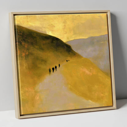 Walkers on a Golden Fell Path lake district walking canvas wall art in natural frame