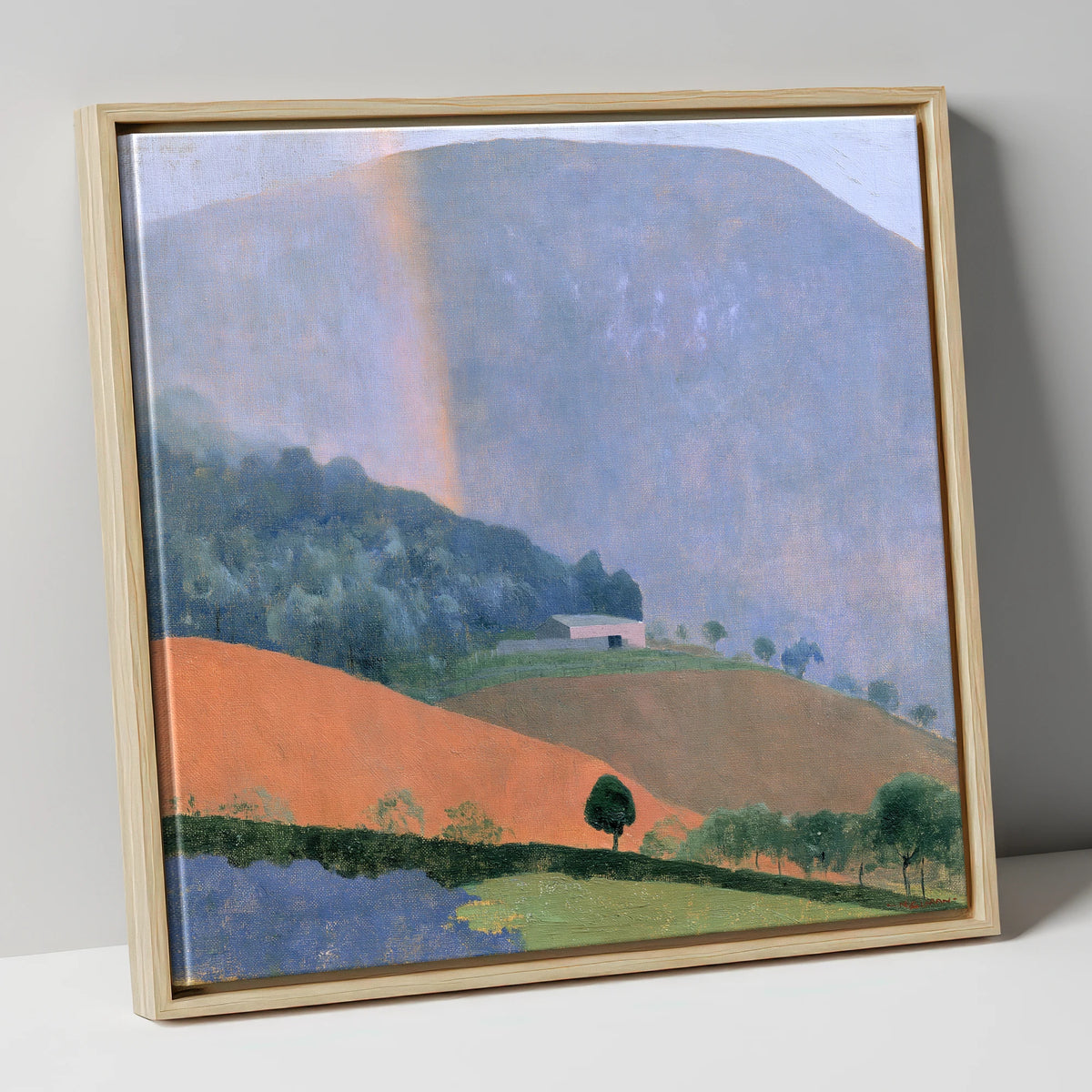 Fell Barn Under a Rainbow lake district sky canvas wall art in natural frame