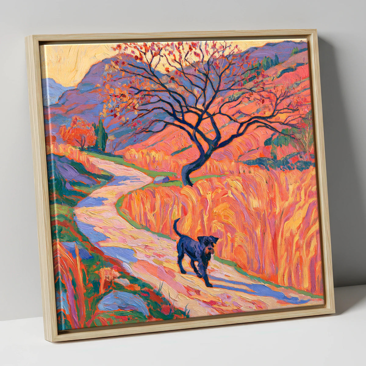 Colourful Patterdale Dog Walk gifts for dog walkers canvas wall art in natural frame