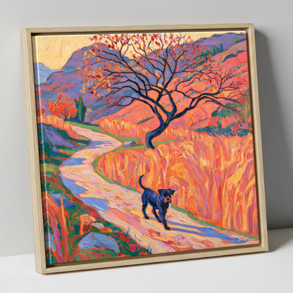 Colourful Patterdale Dog Walk gifts for dog walkers canvas wall art in natural frame