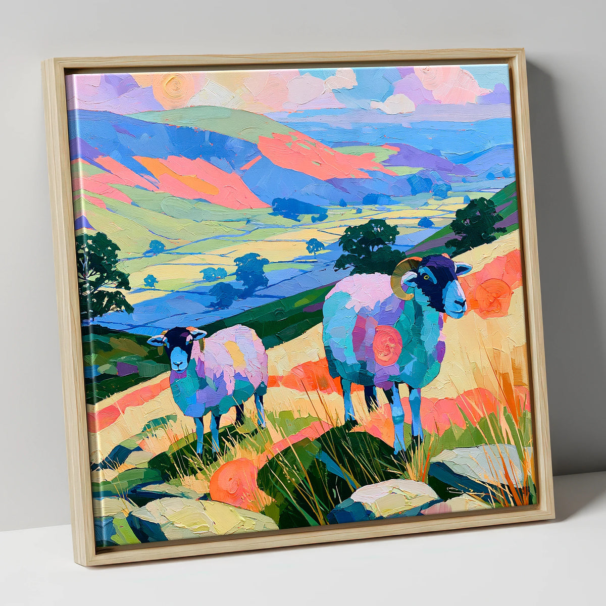 Vibrant Herdwick Sheep Fellside lake district wildlife canvas wall art in natural frame