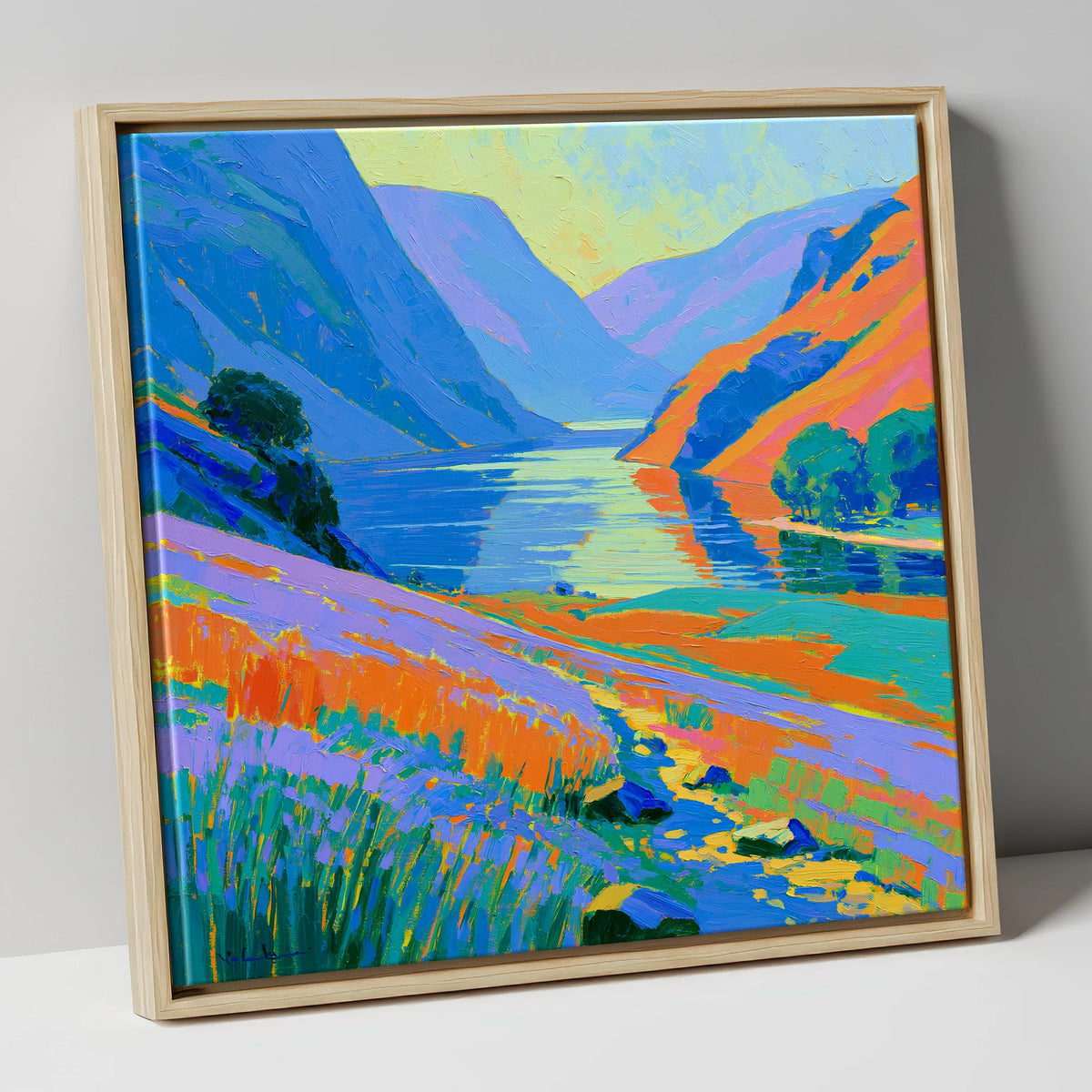 Vibrant Lake and Steep Fells lake district lake canvas wall art in natural frame