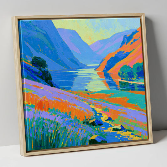Vibrant Lake and Steep Fells lake district lake canvas wall art in natural frame