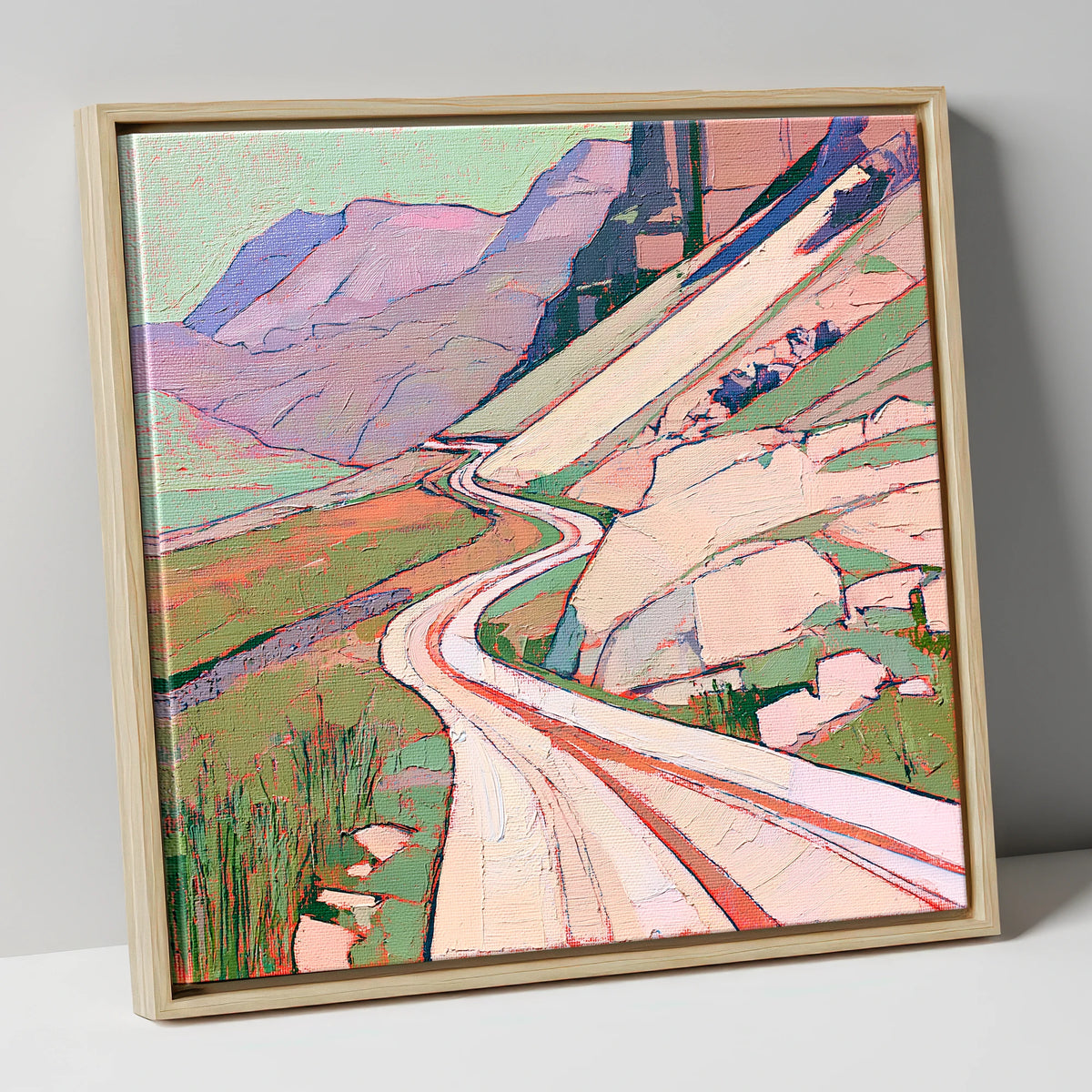 Vibrant Winding Mountain Pass lake district valley canvas wall art in natural frame
