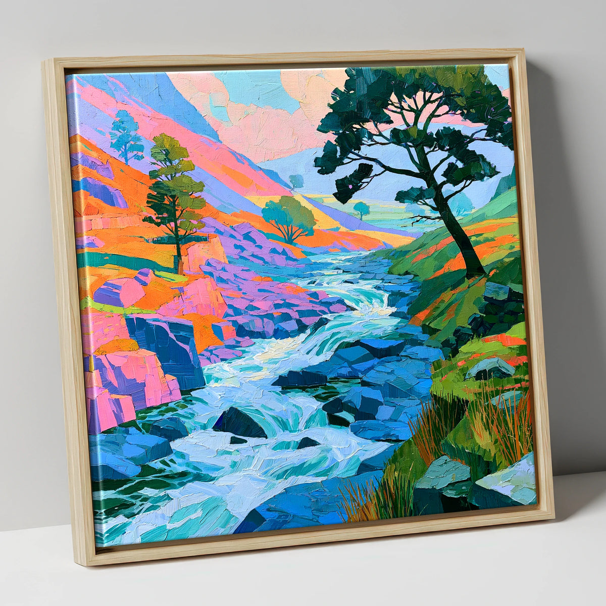 Colourful Rushing Fellside Beck lake district waterfall canvas wall art in natural frame
