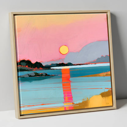 Vibrant Pink Sunset Over Water lake district lake canvas wall art in natural frame