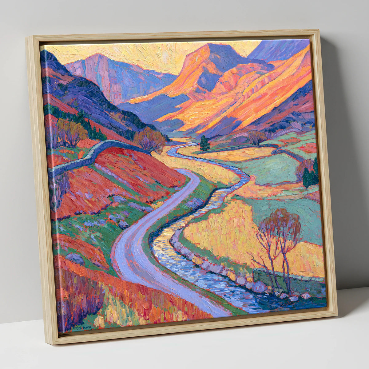 Winding Valley River in Radiant Amber lake district waterfall canvas wall art in natural frame