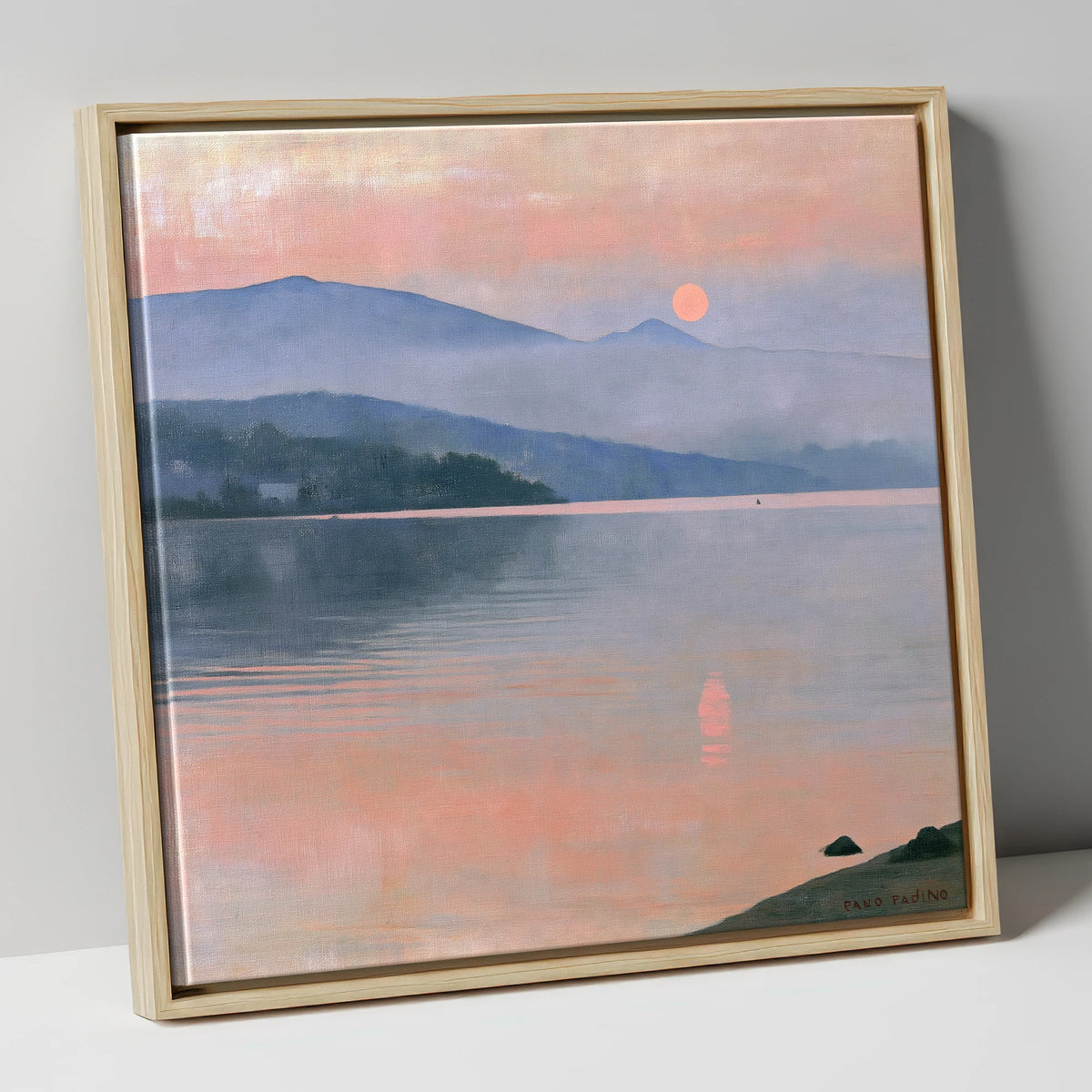 Lake Sunset in Pastel Haze lake district lake canvas wall art in natural frame